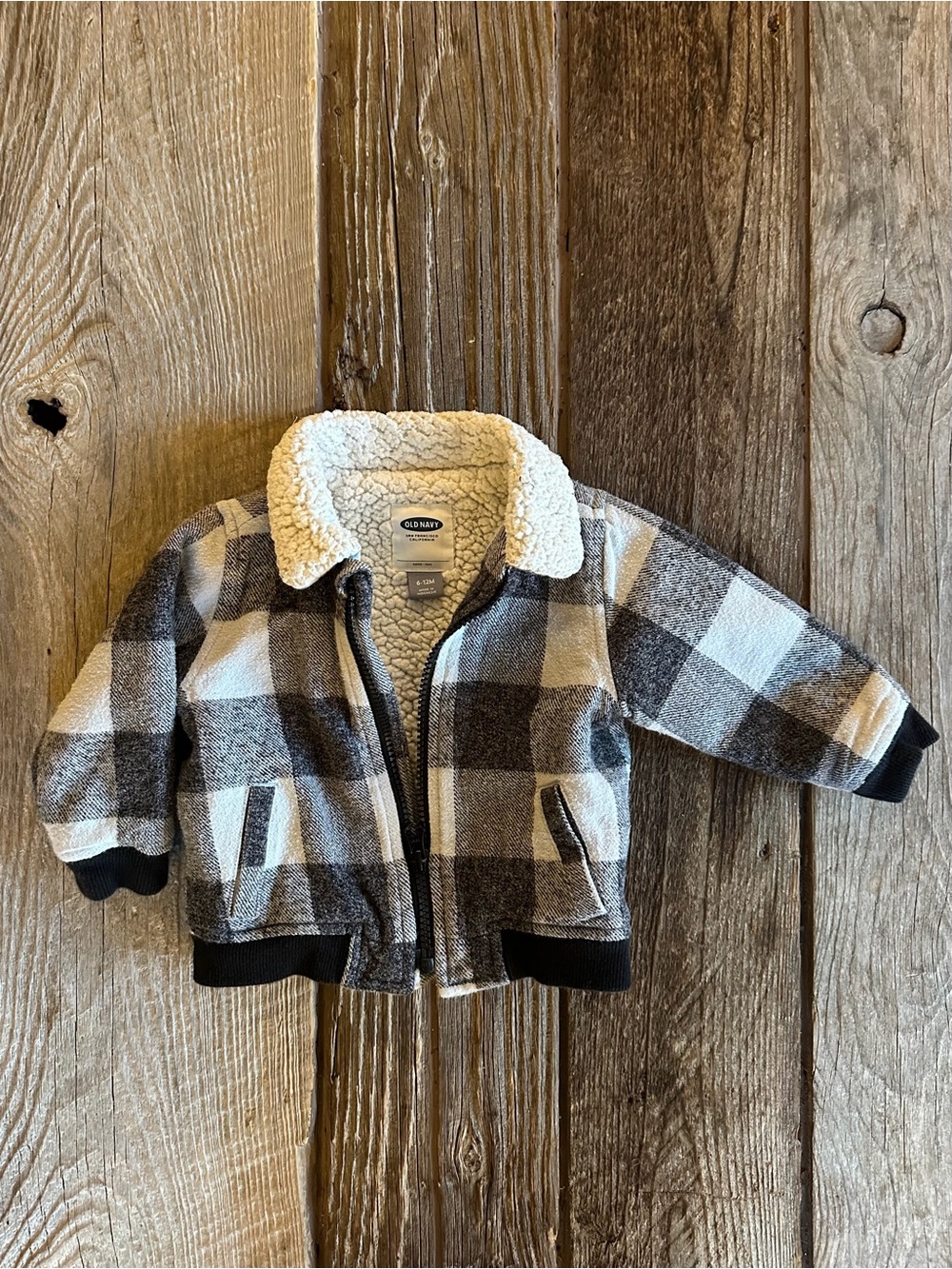 Old Navy Black & White Buffalo Plaid Sherpa-Lined Bomber